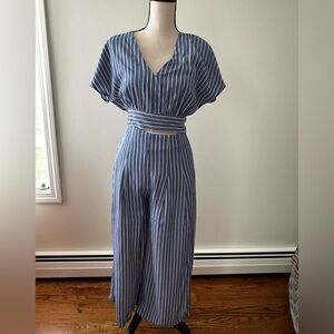 Blue and White Pinstripe Jumpsuit with Wrap V-Neck